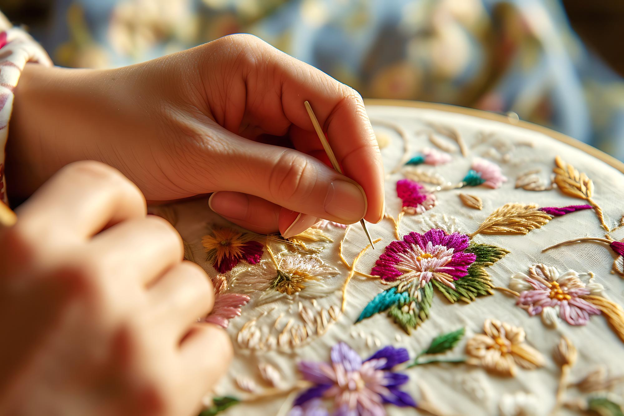 hands stitching a floral motif