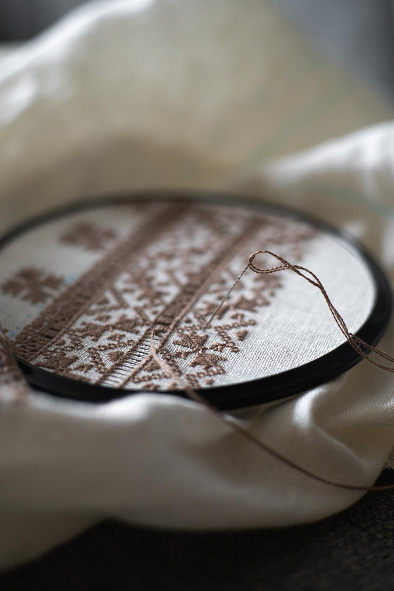 close-up of hand embroidery on linen